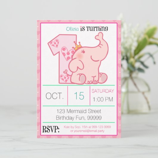 プリンセスピンクエレファント1st誕生日カスタムパーティー 招待状 (スタンド正面)