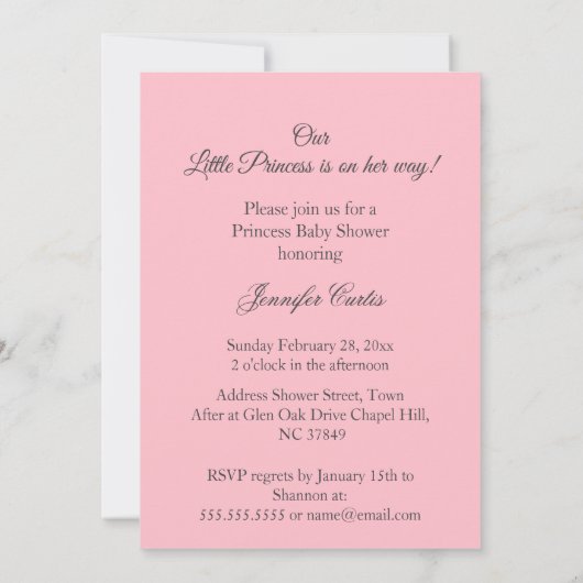 プリンセスピンクガール赤ちゃんシャワー金ゴールドジュエルティアラ 招待状 (裏面)