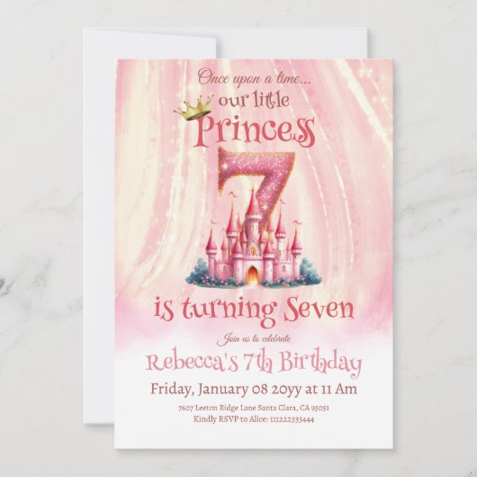 プリンセスピンクキャッスルガールセブン7誕生日 招待状 (正面)