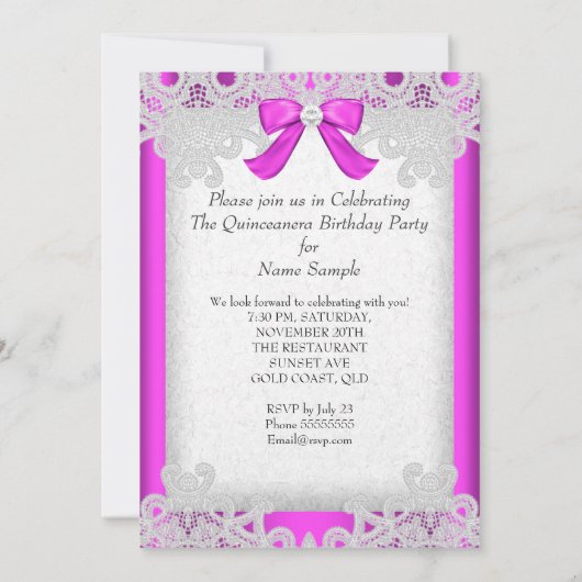 プリンセスピンクキンセアニェラホットピンクレース 招待状 (裏面)