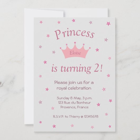 プリンセスピンククラウンティアラスターズキッズベビー誕生日 招待状 (正面)