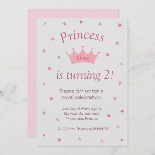 プリンセスピンククラウンティアラスターズキッズベビー誕生日 招待状 (正面/裏面)