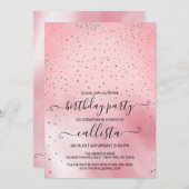 プリンセスピンクシルバーグリッター紙吹雪誕生日 招待状 (正面/裏面)
