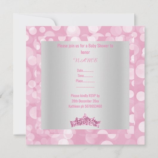 プリンセスピンクシルバーバブルベビーシャワー 招待状 (裏面)