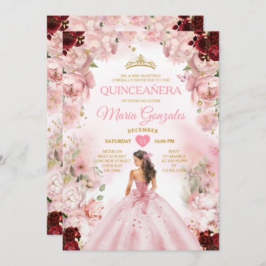 プリンセスピンクドレスブルガンディフローラキンセアニラ 招待状 (正面/裏面)