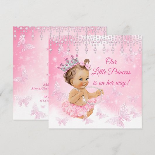 プリンセスピンクバタフライベビーシャワーブルネット 招待状 (正面/裏面)