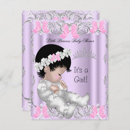 プリンセスピンクパープルグレーベビーシャワーかわいい少女 招待状 (正面/裏面)