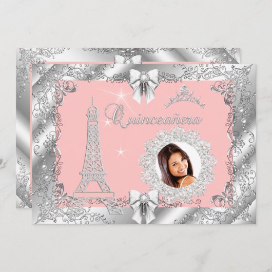 プリンセスピンクピーチキンセアニェラシルバーフォト2 招待状 (正面/裏面)