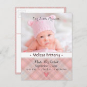 プリンセスピンクプレイド赤ちゃん女の子の誕生発表 案内ポストカード (正面/裏面)