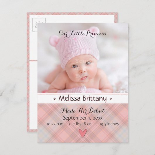 プリンセスピンクプレイド赤ちゃん女の子の誕生発表 案内ポストカード (正面/裏面)