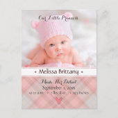 プリンセスピンクプレイド赤ちゃん女の子の誕生発表 案内ポストカード (正面)