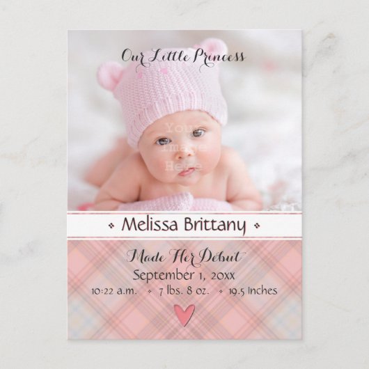 プリンセスピンクプレイド赤ちゃん女の子の誕生発表 案内ポストカード (正面)