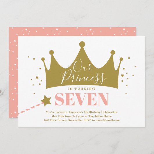 プリンセスピンク子供の誕生日パーティー 招待状 (正面/裏面)