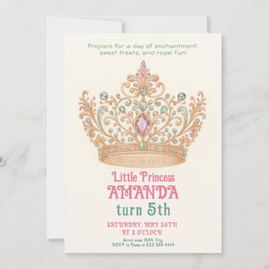 プリンセスピンク金ゴールドクラウンエンチャント誕生日 招待状 (正面)