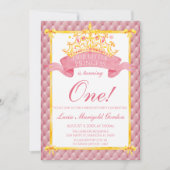 プリンセスピンク金ゴールドクラウンファーストバースデーパーティー 招待状 (正面)