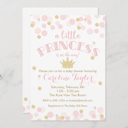 プリンセスピンク金ゴールドグリッターベビーシャワー招待状 招待状 (正面/裏面)