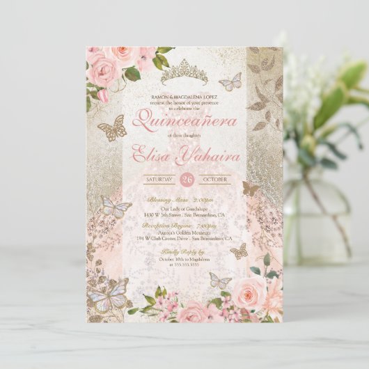 プリンセスピンク金ゴールドバラバタフライグラムキンセアニェラ 招待状 (スタンド正面)