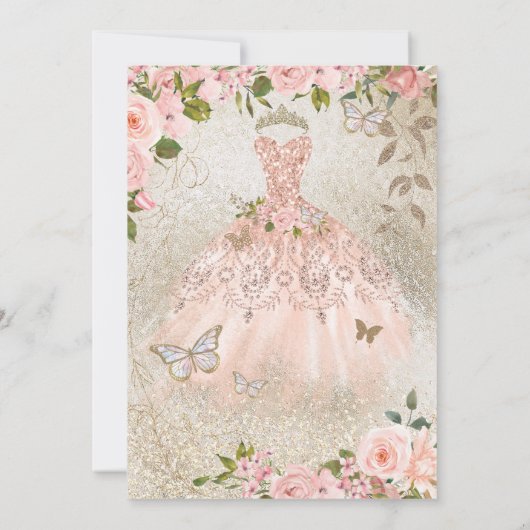 プリンセスピンク金ゴールドバラバタフライグラムキンセアニェラ 招待状 (裏面)