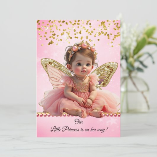 プリンセスピンク金ゴールド蝶かわいい赤ちゃんシャワー 招待状 (スタンド正面)