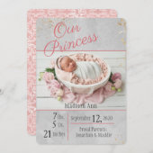 プリンセスピンクlグレイベビーガール誕生フォト誕生 案内状 (正面/裏面)