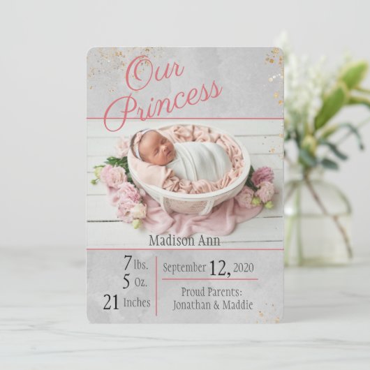 プリンセスピンクLグレーベビーガール誕生フォト誕生 案内状 (スタンド正面)