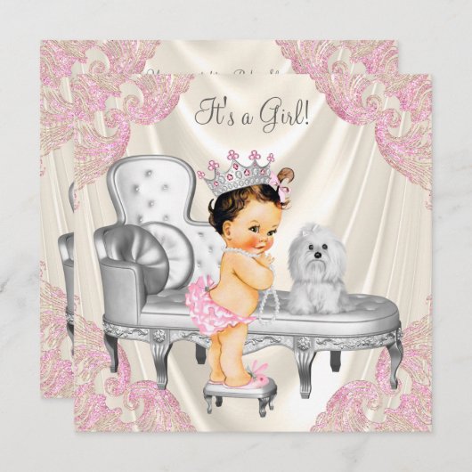 プリンセスファンシーベビーシャワーアイボリーピンクチェア 招待状 (正面/裏面)