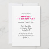 プリンセスフェアリーガールの4歳の誕生日パーティー 招待状 (裏面)