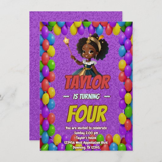 プリンセスフェアリータ王室のーかわいらし誕生日招待状 招待状 (正面/裏面)