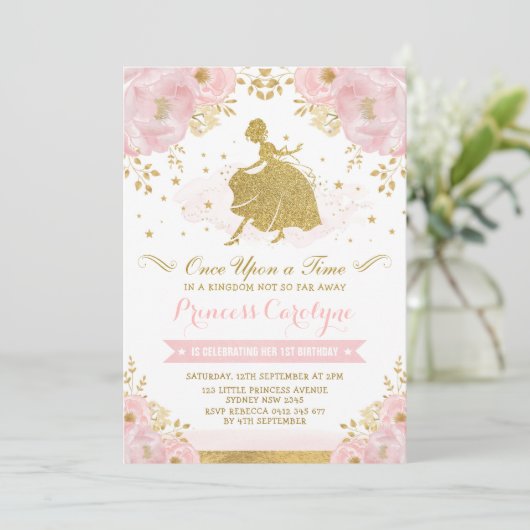 プリンセスフェミニンシンデレラピンク金ゴールド誕生日 招待状 (スタンド正面)