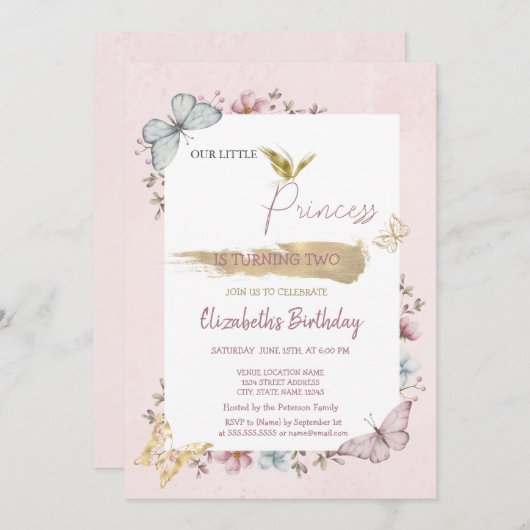 プリンセスフラワーズバタフライピンク誕生日 招待状 (正面/裏面)