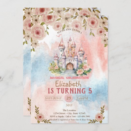 プリンセスフローラキャッスルウォーターカラー誕生日 招待状 (正面/裏面)