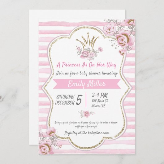 プリンセスフローラピンク金ゴールドシャワー招待 招待状 (正面/裏面)