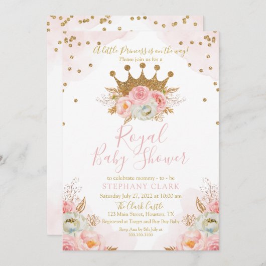 プリンセスフローラピンク&金ゴールドベビーシャワー招待状 招待状 (正面/裏面)