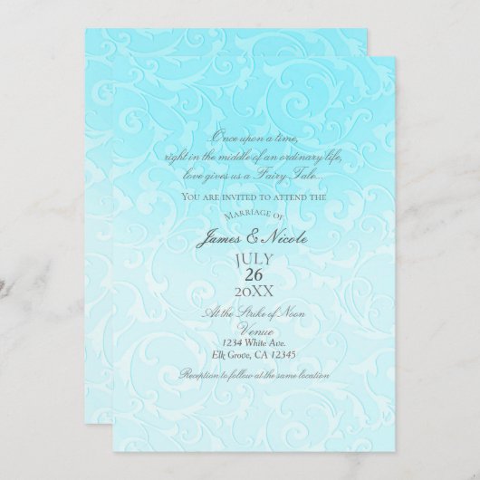 プリンセスブルー エレガント ストーリーブック スワール ウェディング 招待状 (正面/裏面)