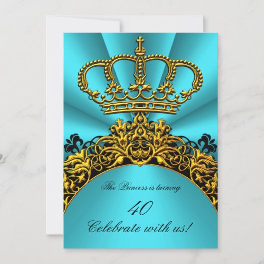 プリンセスプリンスキングクイーン金ゴールドティール(緑がかった色)誕生日 招待状 (正面)