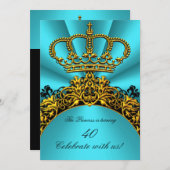 プリンセスプリンスキングクイーン金ゴールドティール(緑がかった色)誕生日 招待状 (正面/裏面)
