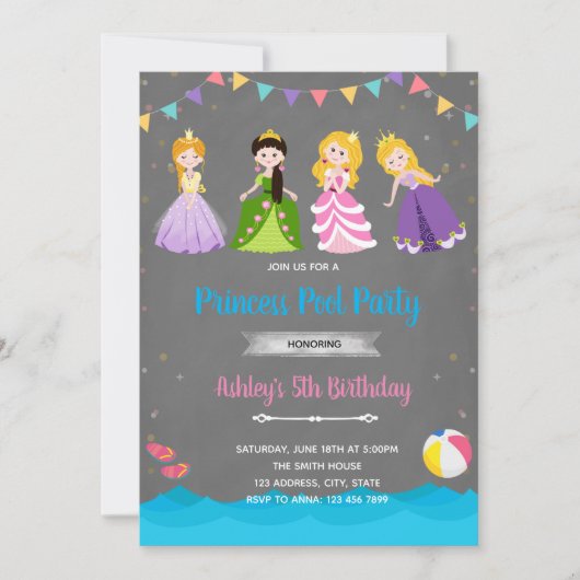プリンセスプールの誕生日の招待 サンキューカード (正面)