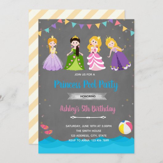 プリンセスプールの誕生日の招待 サンキューカード (正面/裏面)