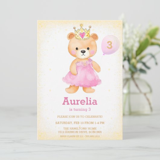 プリンセスベアーピンクの女の子の誕生日招待状 招待状 (スタンド正面)