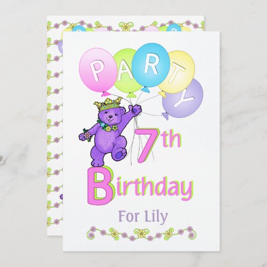 プリンセスベア7歳誕生日パーティー名前をカスタムする 招待状 (正面/裏面)