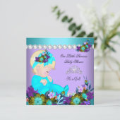 プリンセスベイビーシャワーの女の子 ティールブルー パープル ブロンド 招待状 (スタンド正面)