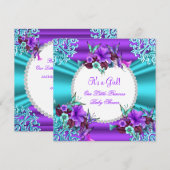 プリンセスベイビーシャワーガール ティールパープル フローラル 4 招待状 (正面/裏面)
