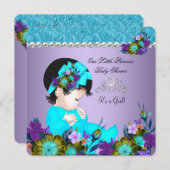 プリンセスベイビーシャワーガール ティールブルー パープル 3 招待状 (正面/裏面)