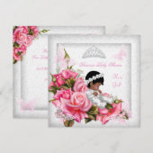 プリンセスベイビーシャワーガール バタフライ ピンク ローズ 3 招待状 (正面/裏面)