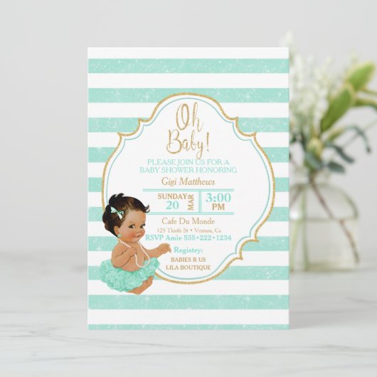 プリンセスベビーガールミントツツストライプゥー金ゴールドグリッター 招待状 (スタンド正面)