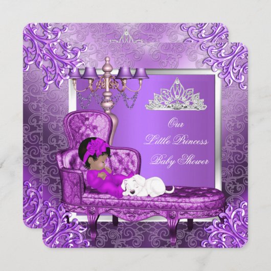 プリンセスベビーシャワーかわいいベビーガールパープル 招待状 (正面/裏面)