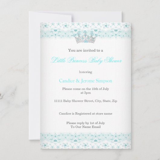 プリンセスベビーシャワーアクアホワイトティアラエスニック 招待状 (裏面)