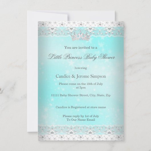プリンセスベビーシャワーアクアレースティアラエスニック 招待状 (裏面)