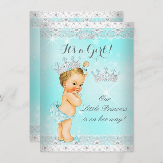 プリンセスベビーシャワーアクアレースティアラブロンドベビー 招待状 (正面/裏面)