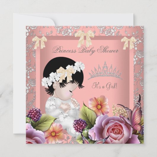 プリンセスベビーシャワーガールコーラルピンクローズティアラ 招待状 (正面)